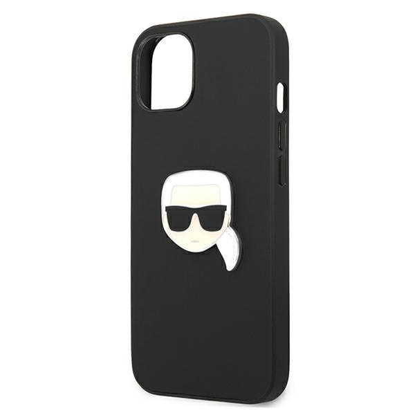 Puzdro KARL LAGERFELD Apple iPhone 13 Mini kožené Ikonik Karl`s Head kovové čierne pevné puzdro